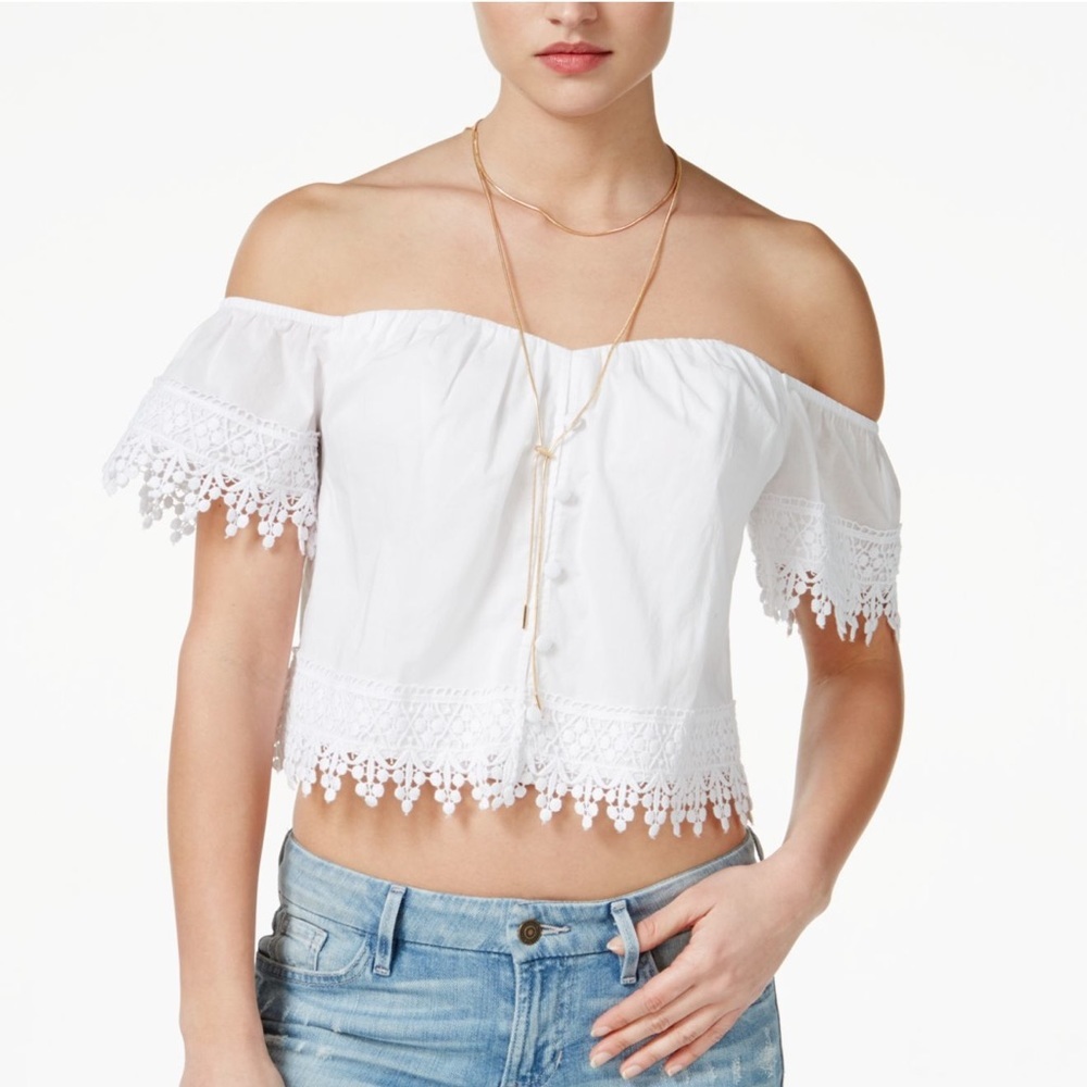 GUESS Eyelet Crochet Off Shoulder Top
